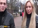 Blonde goes for risky outdoor blowjob