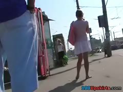 Hot upskirt voyeured at the bus stop