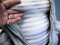 Touching tits in see-throu blouse in a market